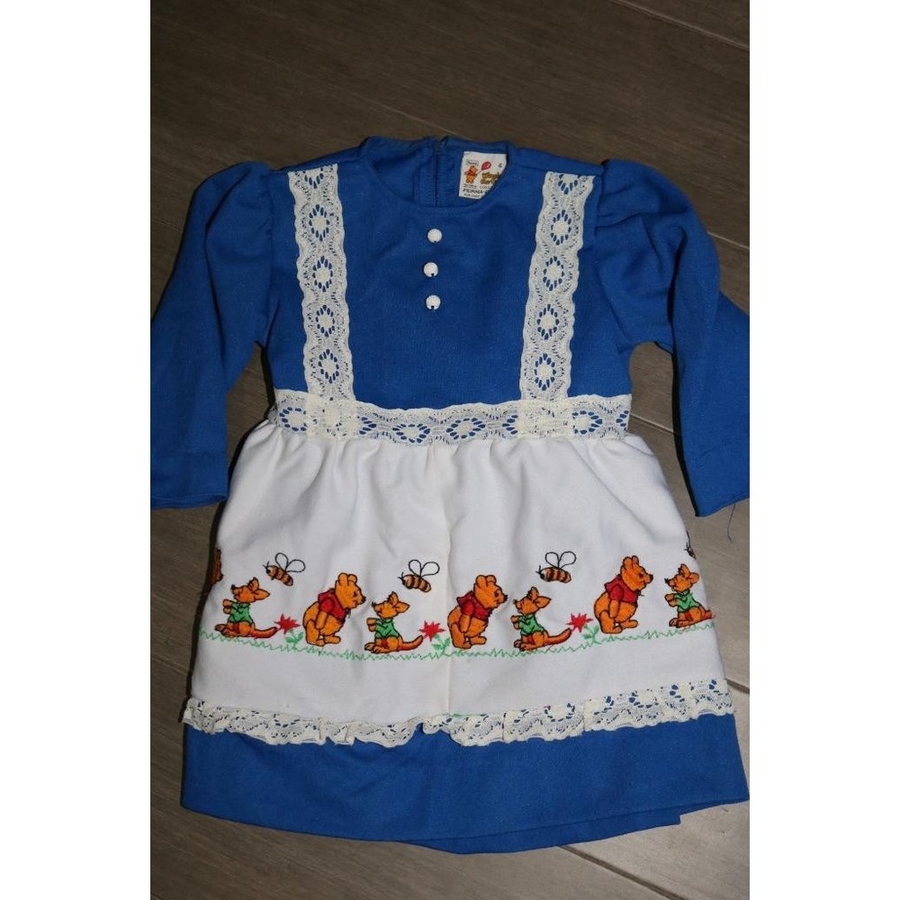 Vintage Sears Winnie the Pooh Perma Prest Girls Dress Blue White Lace Size 4